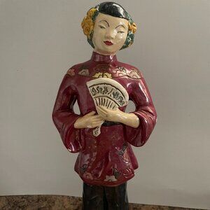 Large Vintage antique Chinese figurine woman standing holding fan 15.25"